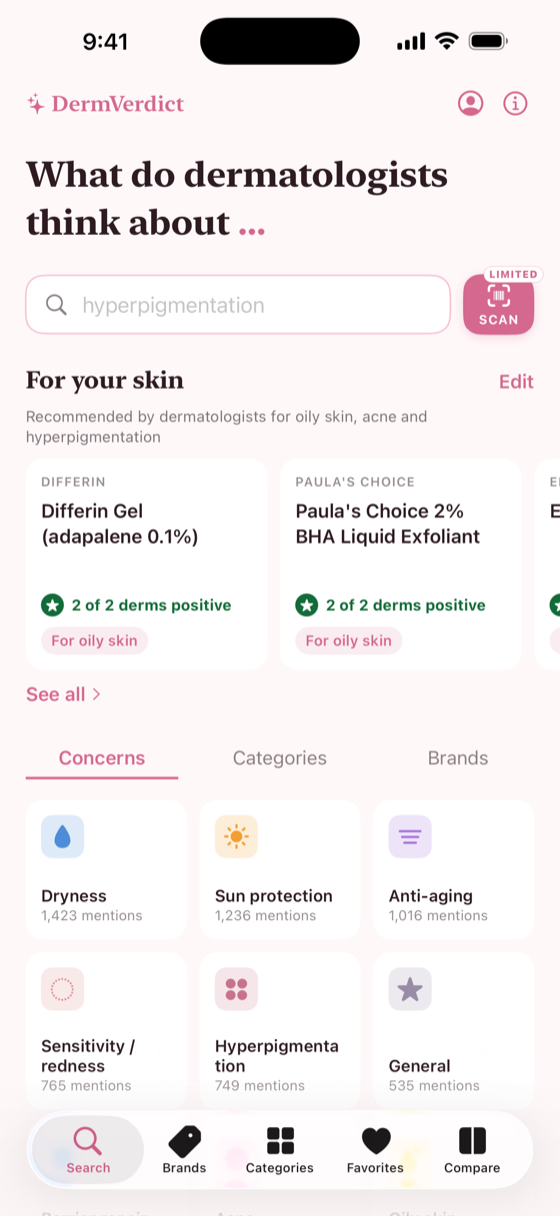 The DermVerdict home screen, with a search field and skin concerns to browse.