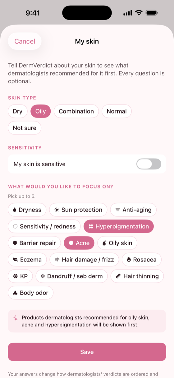 The My skin sheet, choosing a skin type and the concerns you care about.