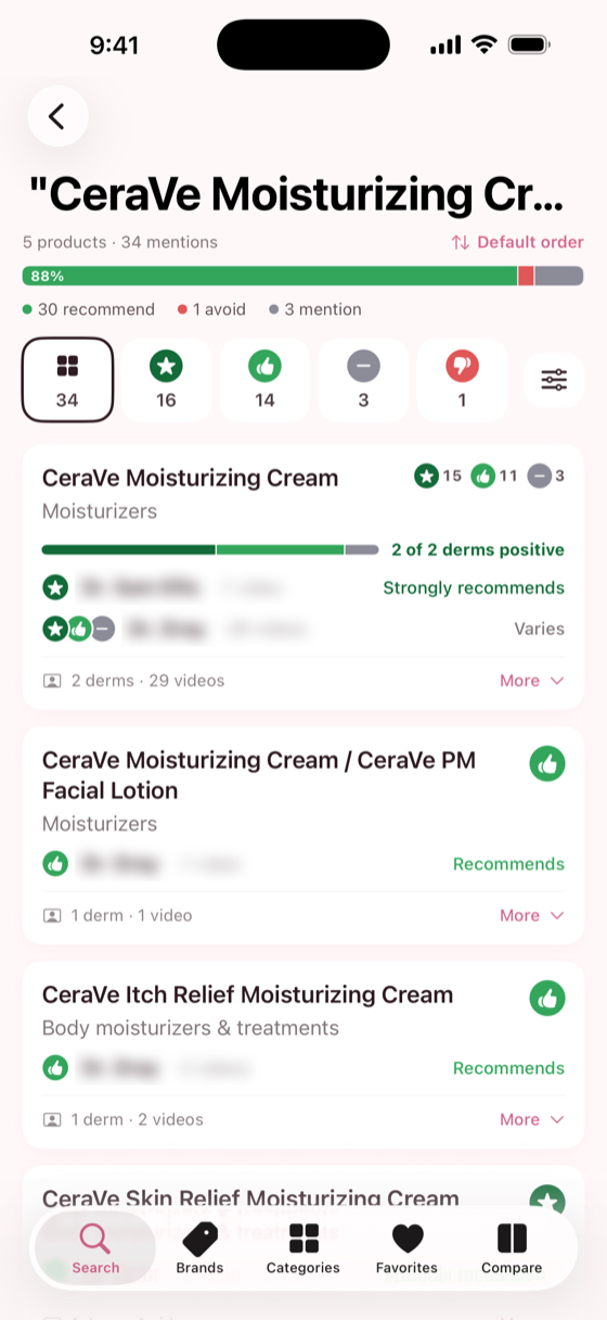 Search results, each product card showing a stance such as Strongly recommends.