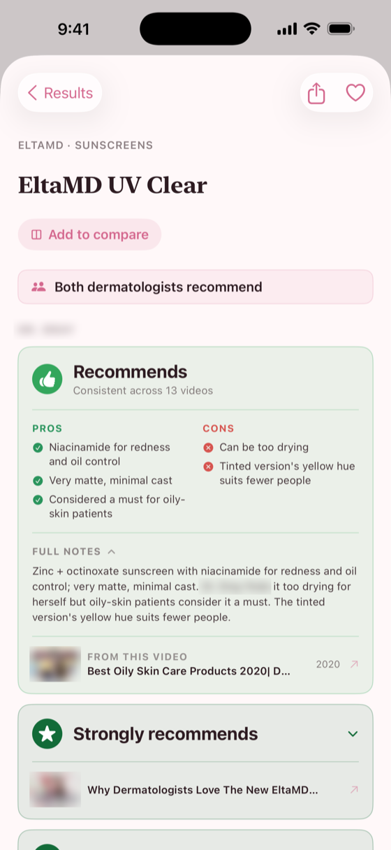 A product page showing the stance, pros and cons, and a link to the source video.